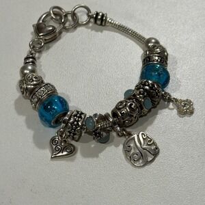 Charm Bracelet Silver Tone‎ with Blue Beads and Heart Detail Jewelry Woman